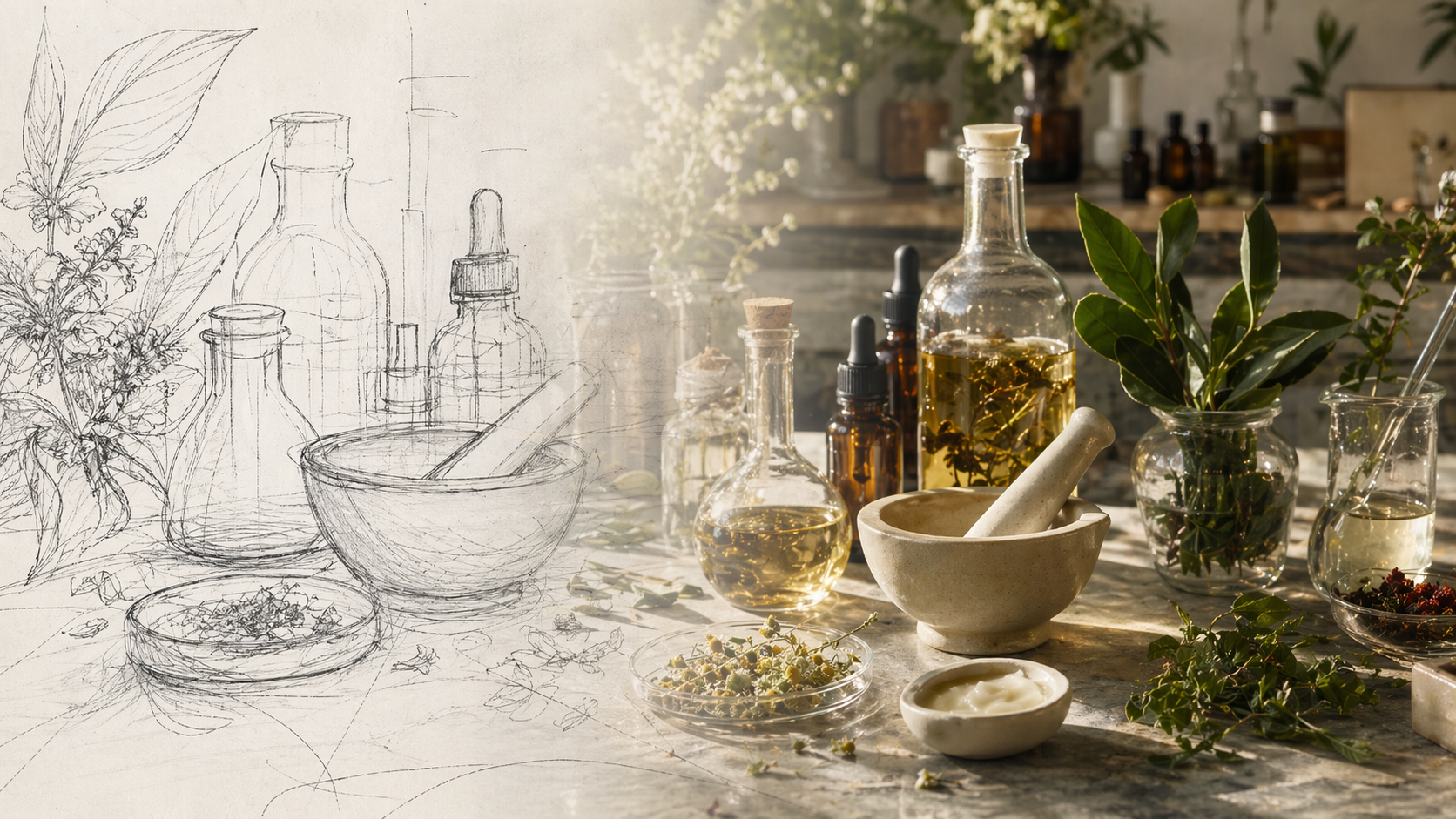 A sketch-to-reality botanical formulation table with plant extracts, oils and laboratory glassware.