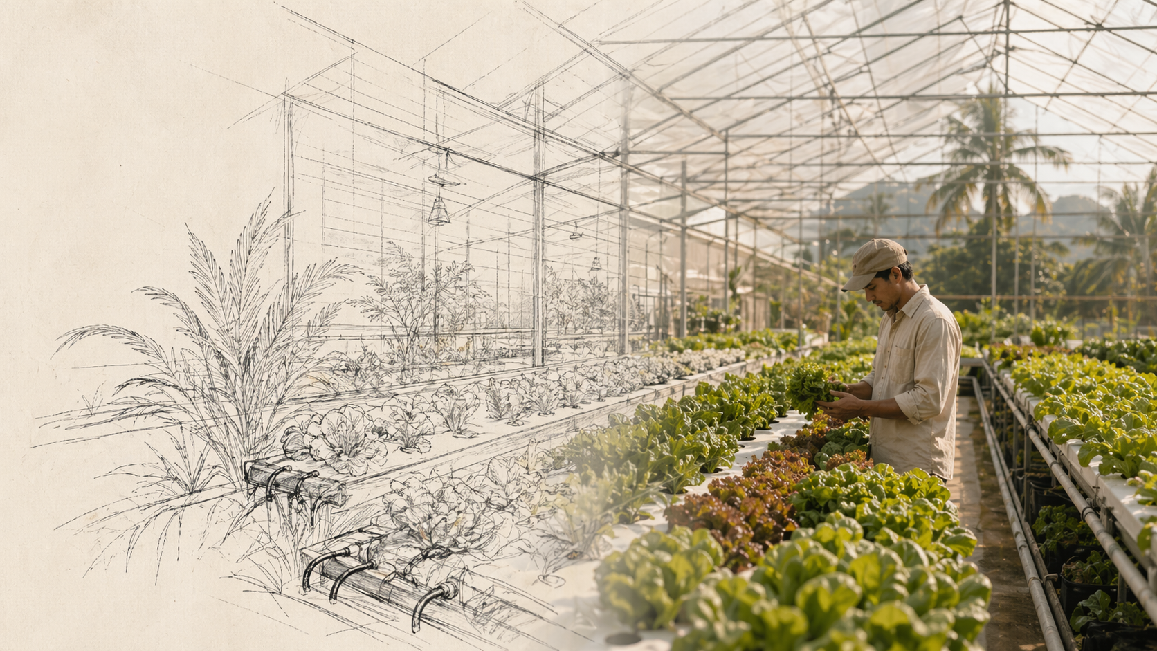 A sketch-to-reality greenhouse interior with hydroponic crops and a technician inspecting lettuce.