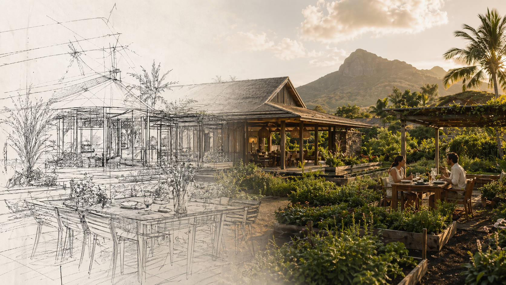 A sketch-to-reality farm pavilion and garden dining experience in a tropical setting.