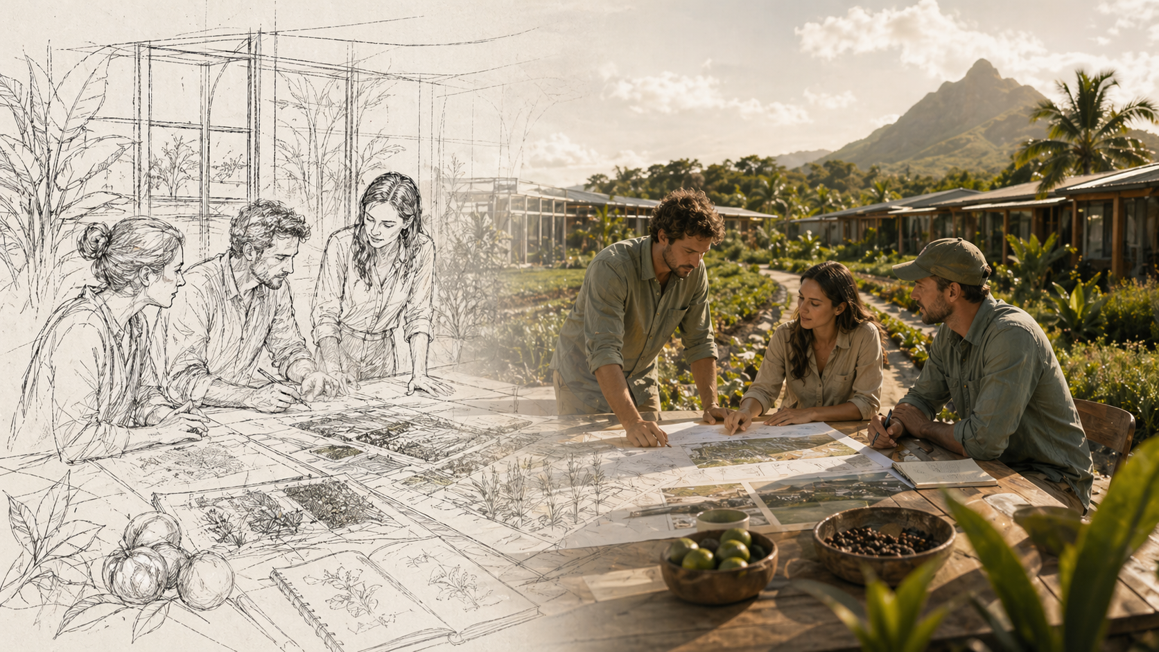 A sketch-to-reality planning table where agricultural project drawings become an operating farm campus.